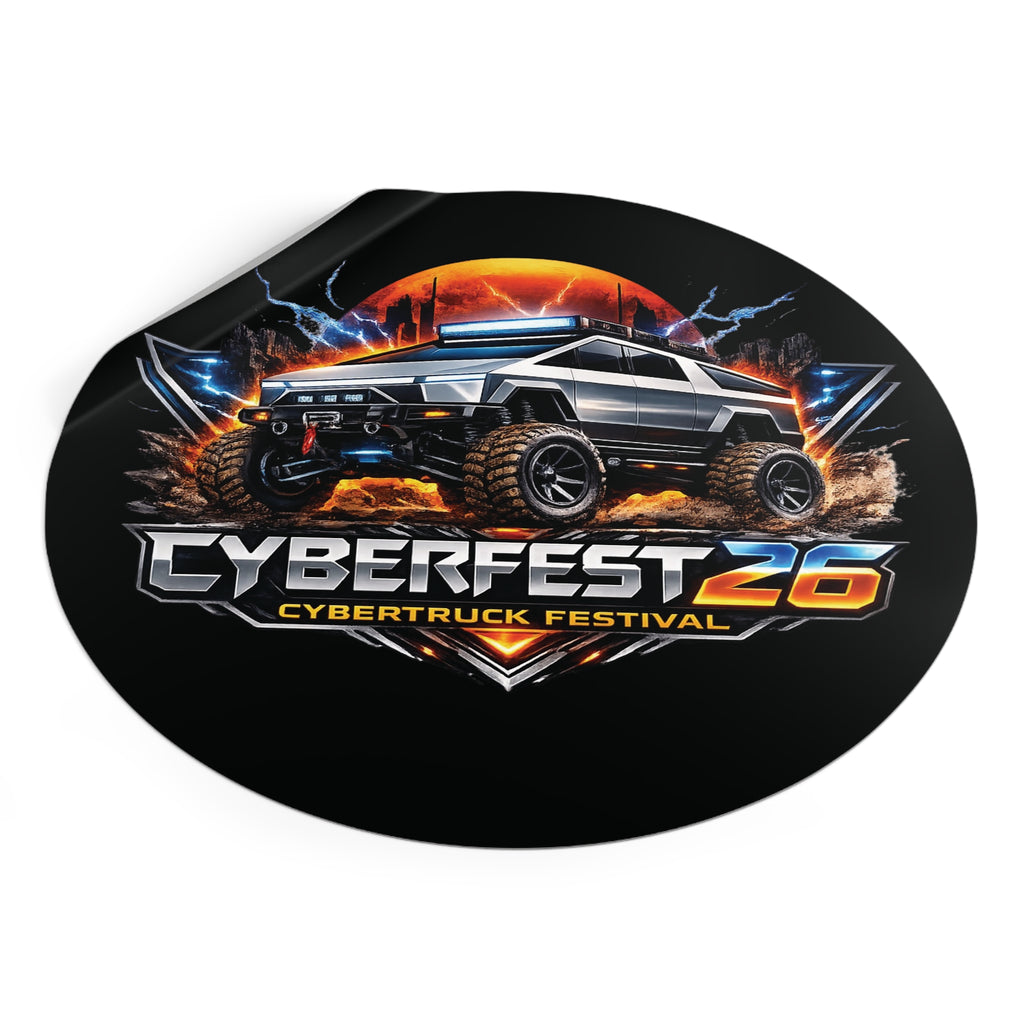 CYBERFEST '26 Round Vinyl Sticker — Official CyberFest Merch by SmokehBear – 6" × 6", folded view