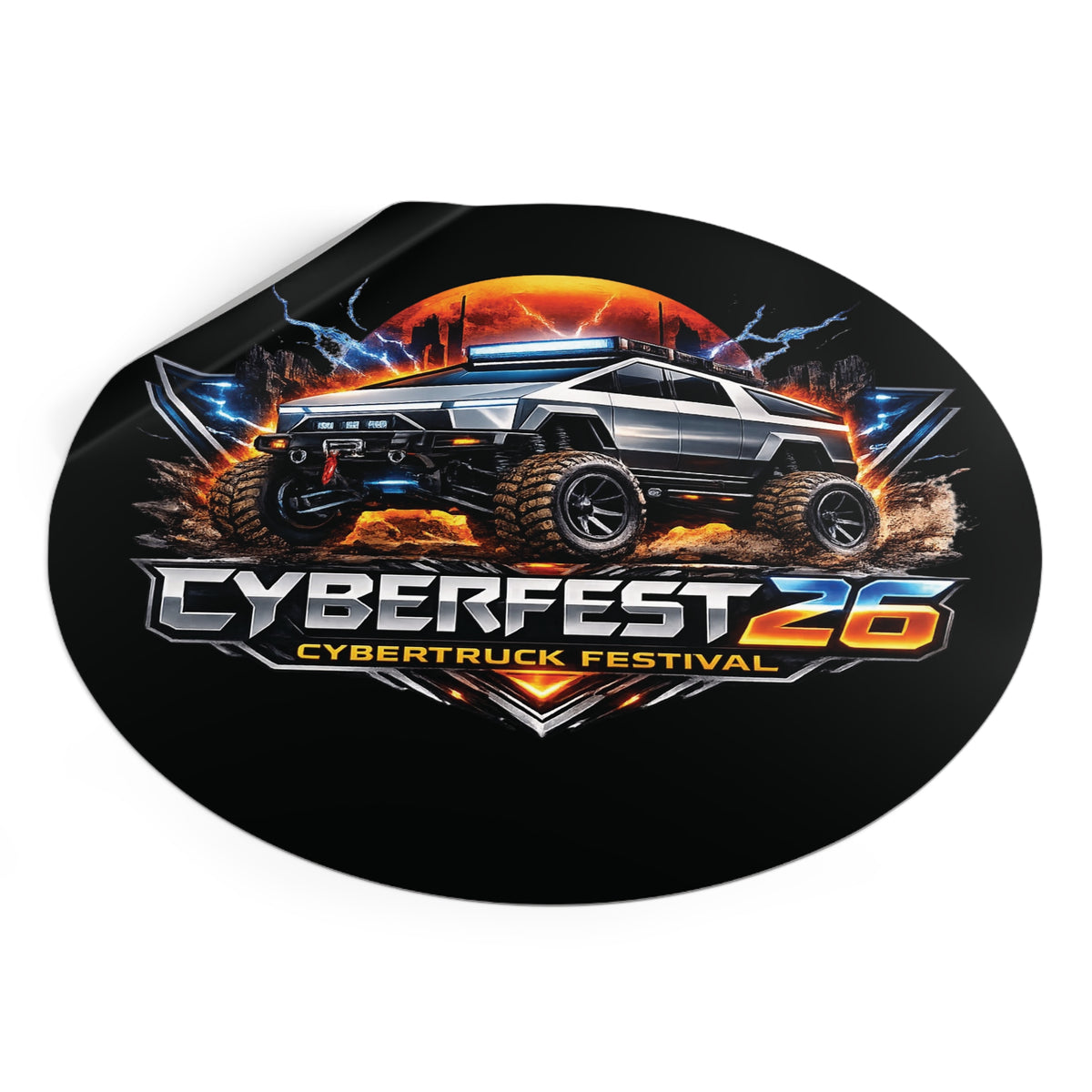 CYBERFEST '26 Round Vinyl Sticker — Official CyberFest Merch by SmokehBear – 6" × 6", folded view
