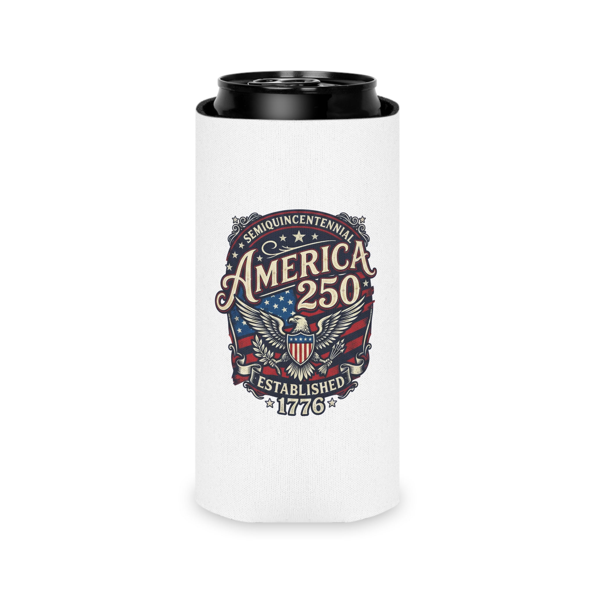 America 250 Can Cooler – Patriotic 1776 Semiquincentennial Beer Koozie