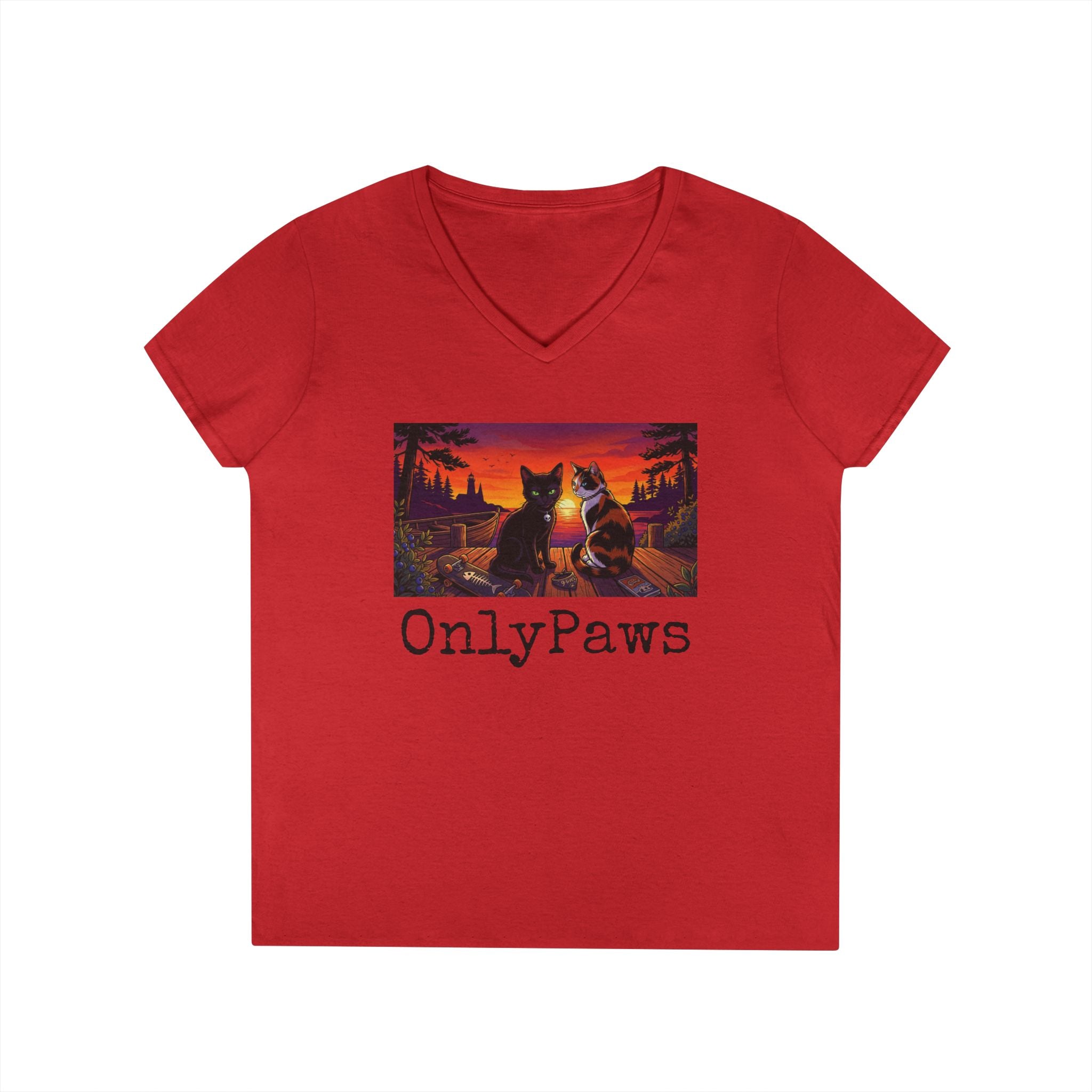 Monster & Peanut OnlyPaws Sunset Cats Ladies V-Neck T-Shirt