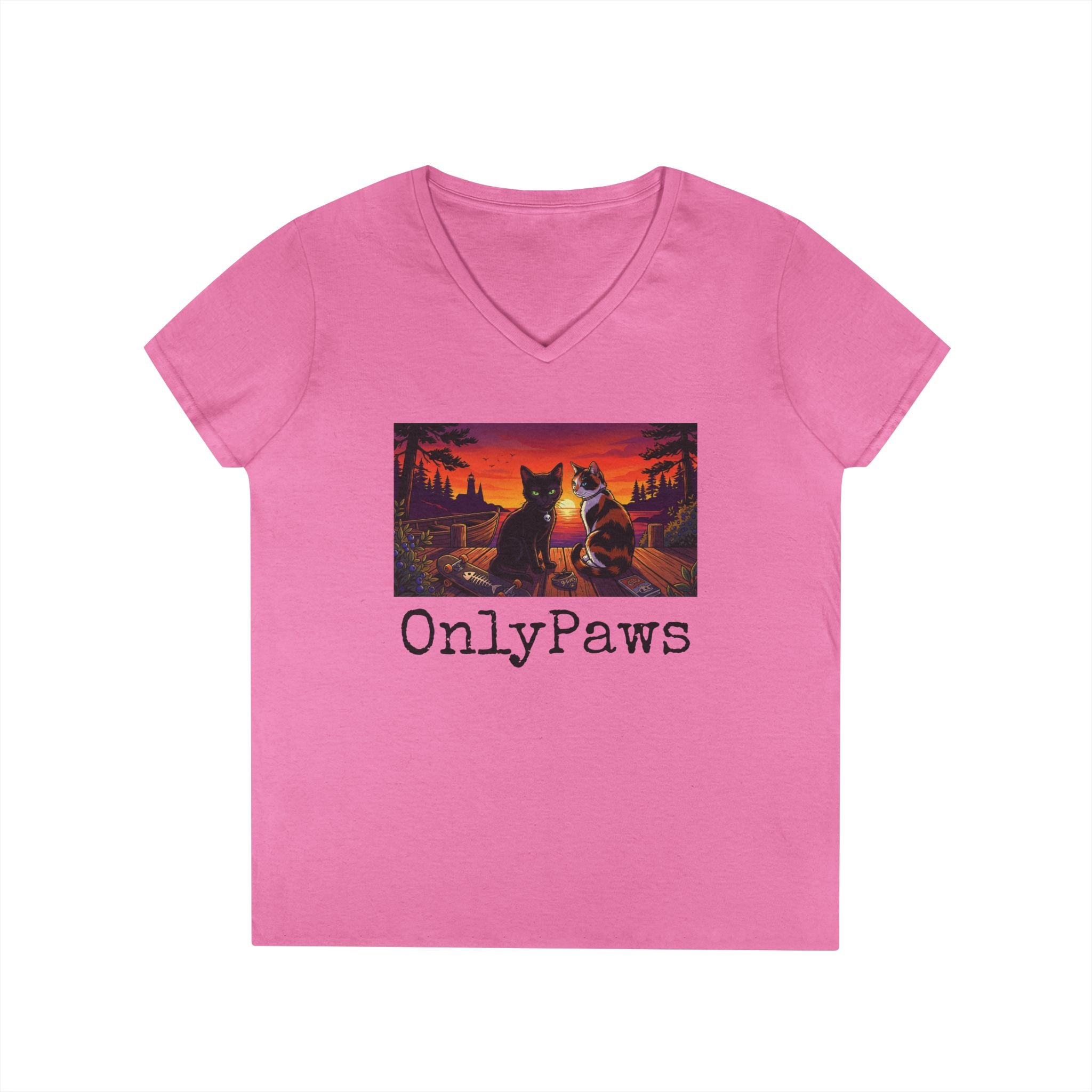 Monster & Peanut OnlyPaws Sunset Cats Ladies V-Neck T-Shirt