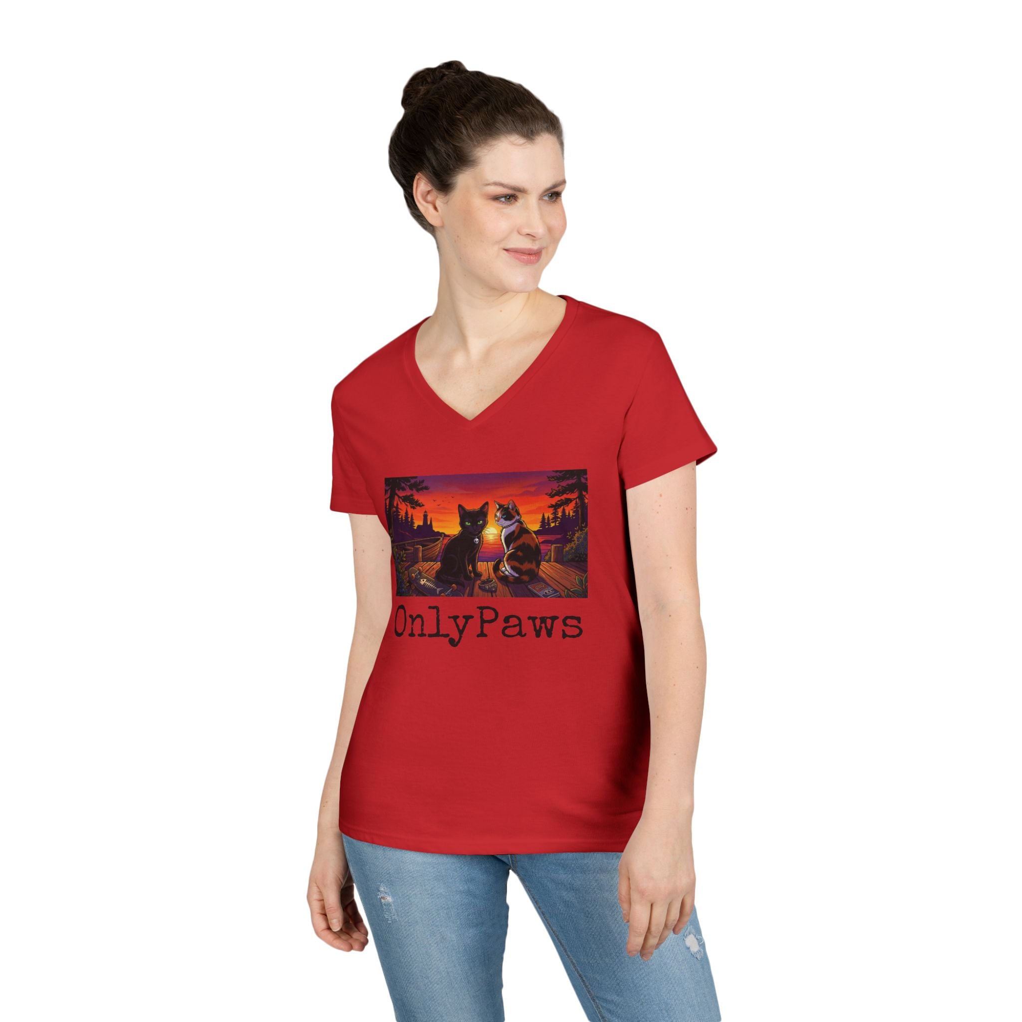 Monster & Peanut OnlyPaws Sunset Cats Ladies V-Neck T-Shirt