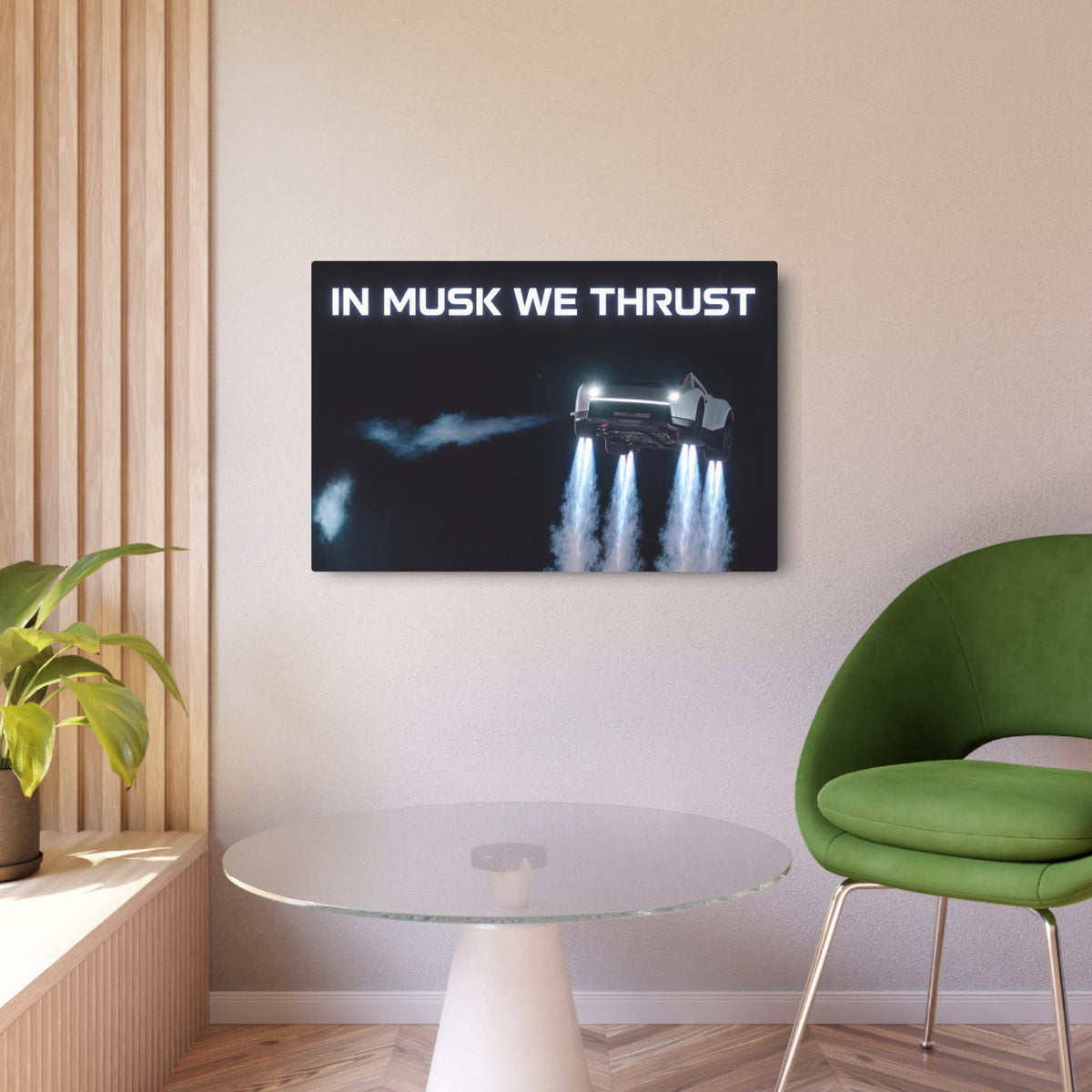 In Musk We Thrust Roadster Metal Art Sign by SmokehBear – lifestyle, hung on a wall above a table and chair