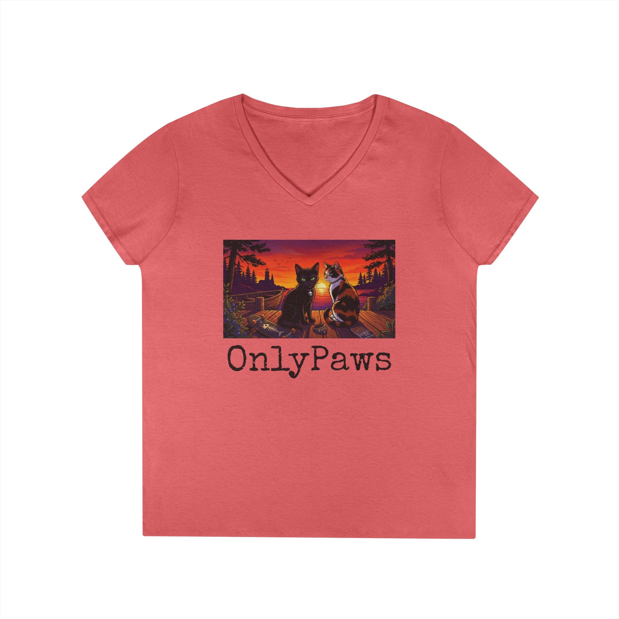 Monster & Peanut OnlyPaws Sunset Cats Ladies V-Neck T-Shirt