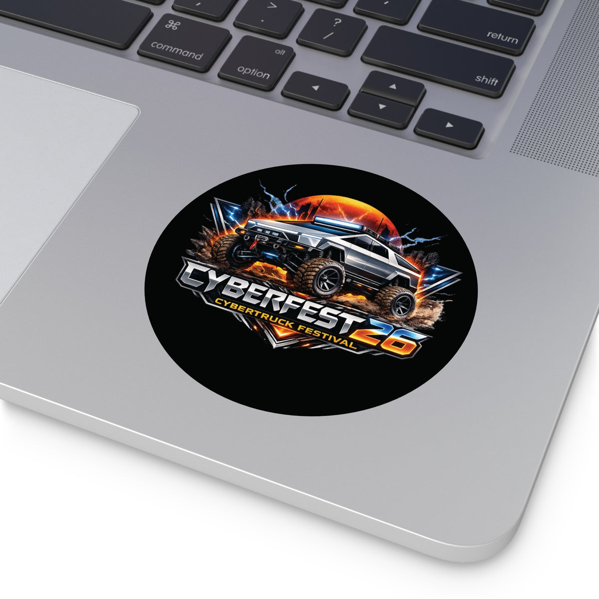 CYBERFEST '26 Round Vinyl Sticker — Official CyberFest Merch by SmokehBear – 5" × 5", folded view