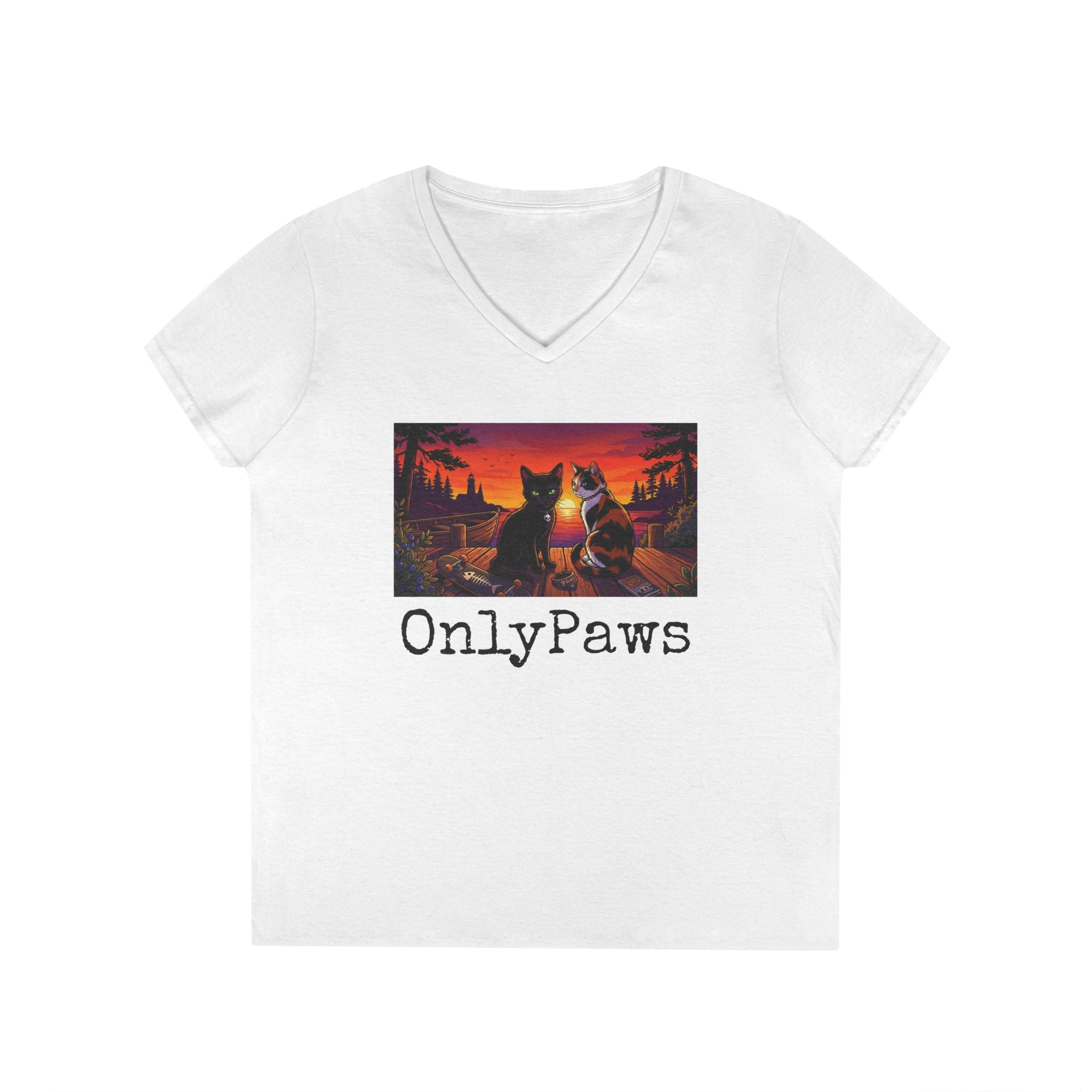 Monster & Peanut OnlyPaws Sunset Cats Ladies V-Neck T-Shirt
