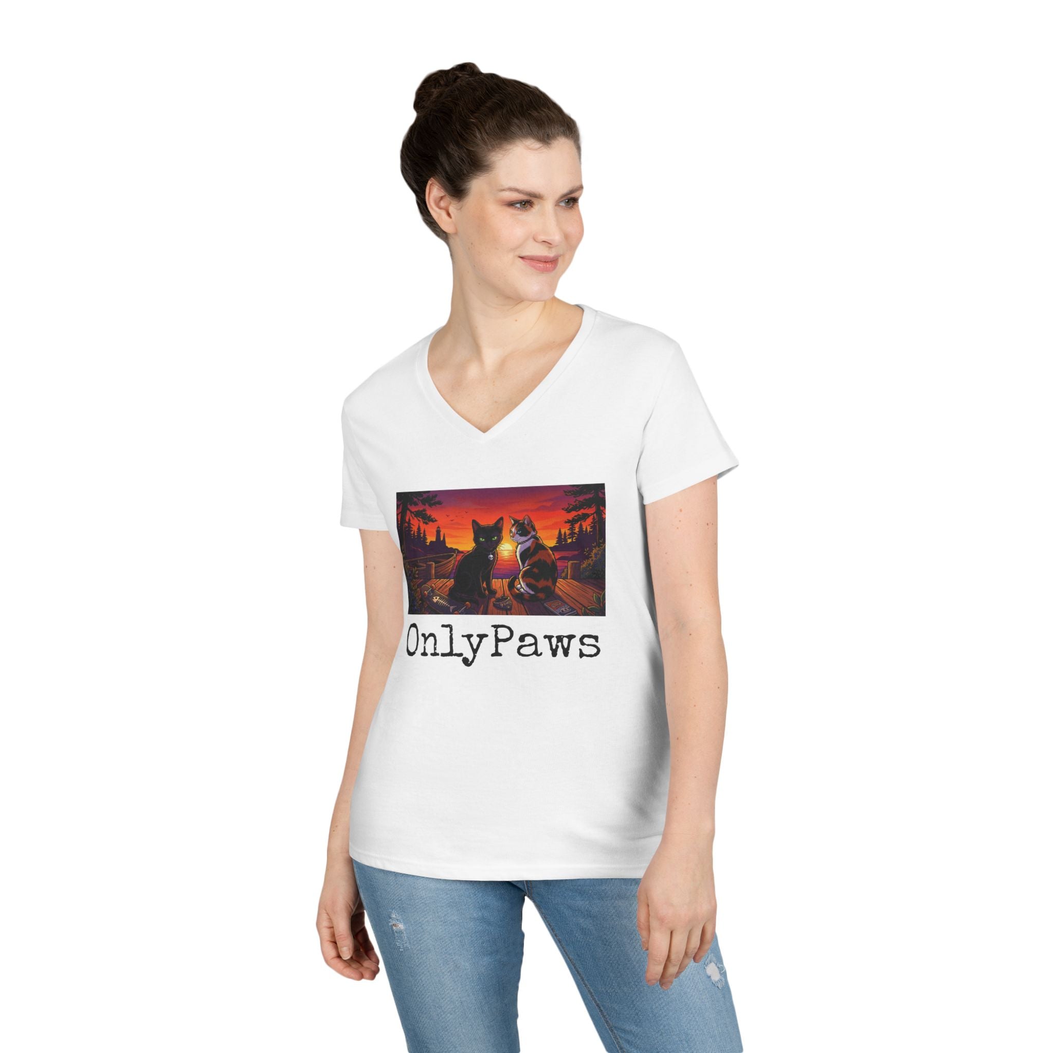 Monster & Peanut OnlyPaws Sunset Cats Ladies V-Neck T-Shirt