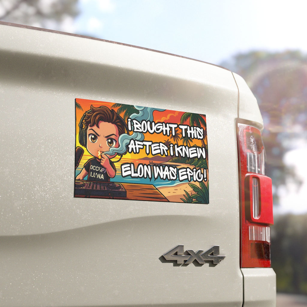 "I Bought This After I Knew Elon Was Epic" Car Magnet — Cartoon Elon Sunset Design