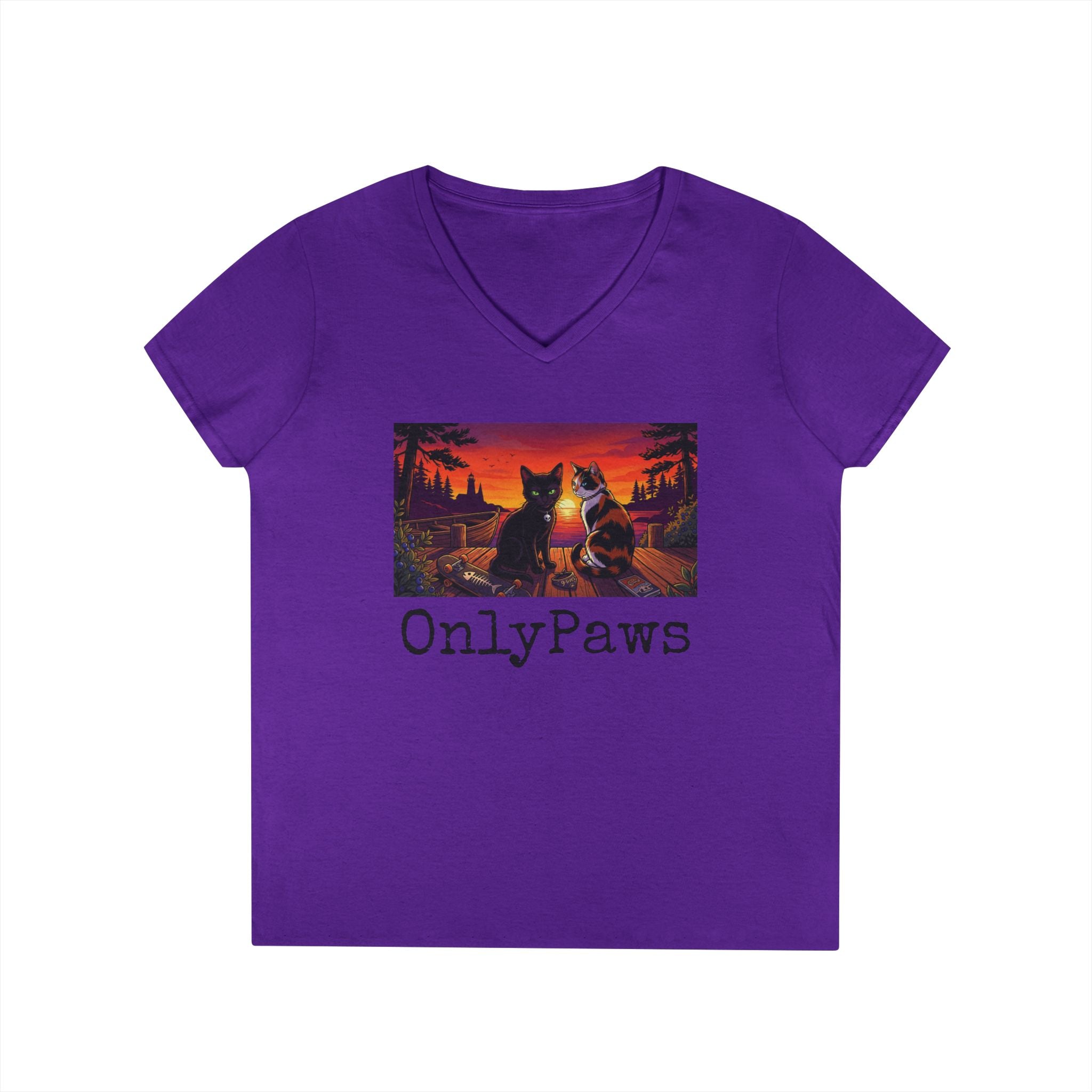 Monster & Peanut OnlyPaws Sunset Cats Ladies V-Neck T-Shirt