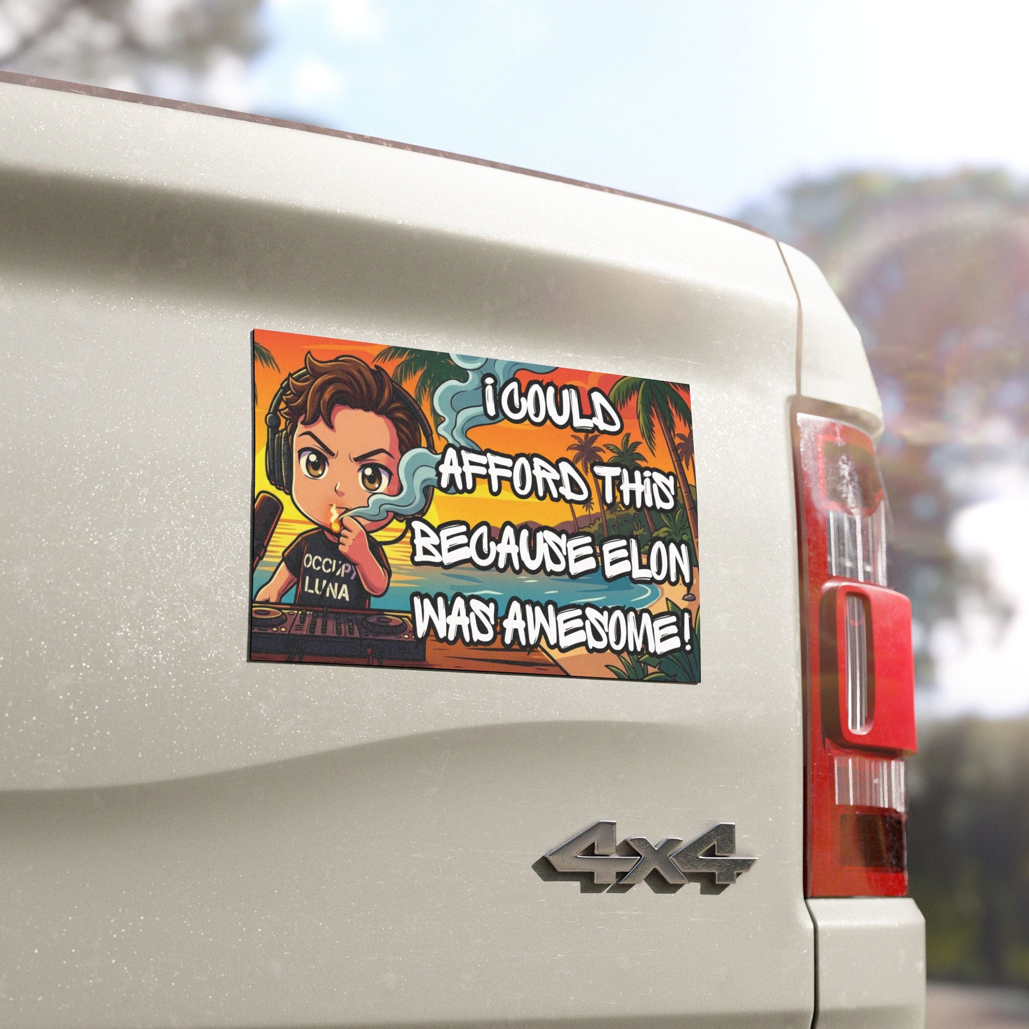 "I Could Afford this because Elon was awesome" Car Magnet — Cartoon Elon Sunset Design