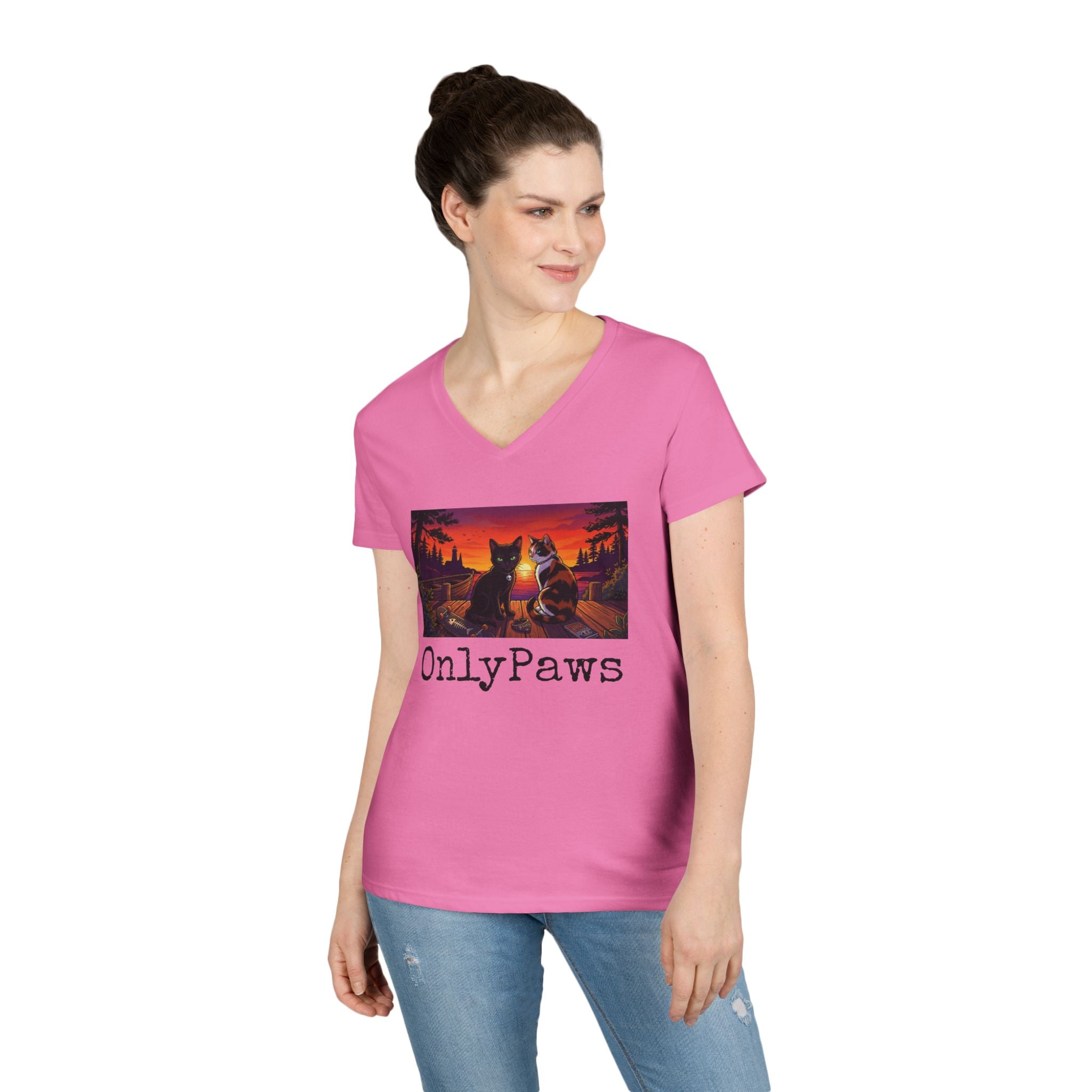 Monster & Peanut OnlyPaws Sunset Cats Ladies V-Neck T-Shirt
