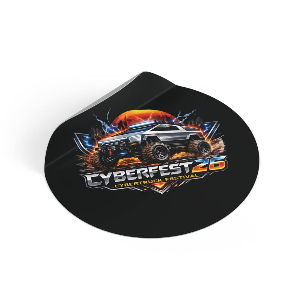 CYBERFEST '26 Round Vinyl Sticker — Official CyberFest Merch by SmokehBear – 3" × 3", folded view