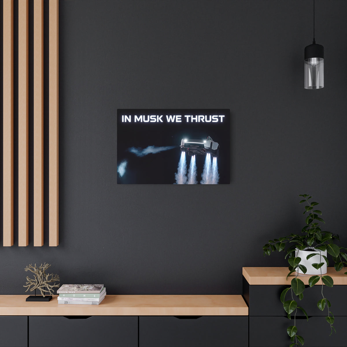 In Musk We Thrust Roadster Metal Art Sign by SmokehBear – lifestyle, wall display above a sideboard