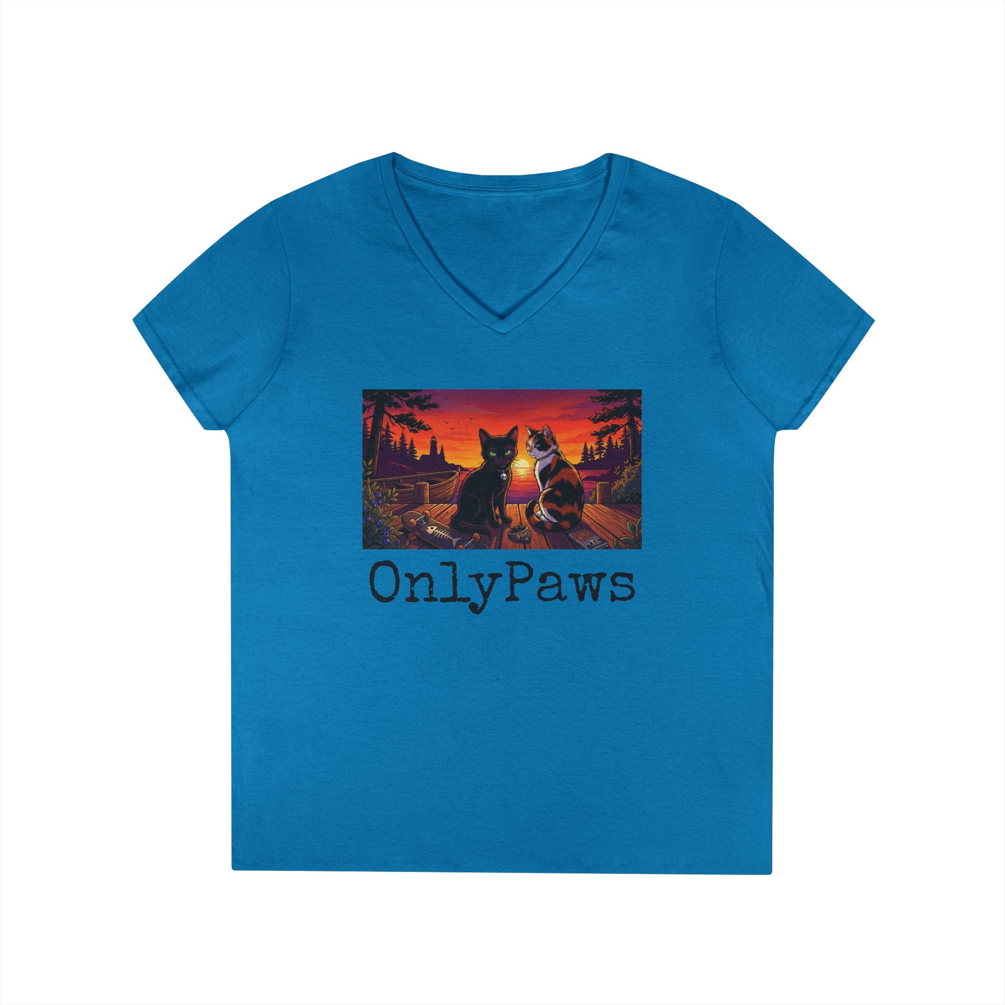 Monster & Peanut OnlyPaws Sunset Cats Ladies V-Neck T-Shirt