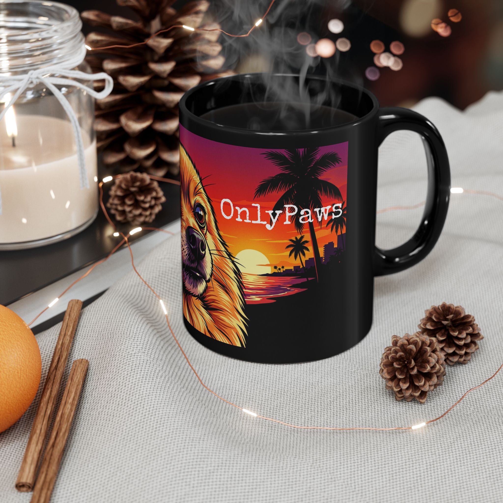 OnlyPaws Sunset Dog Mug — Black Ceramic Coffee Cup (11oz/15oz)