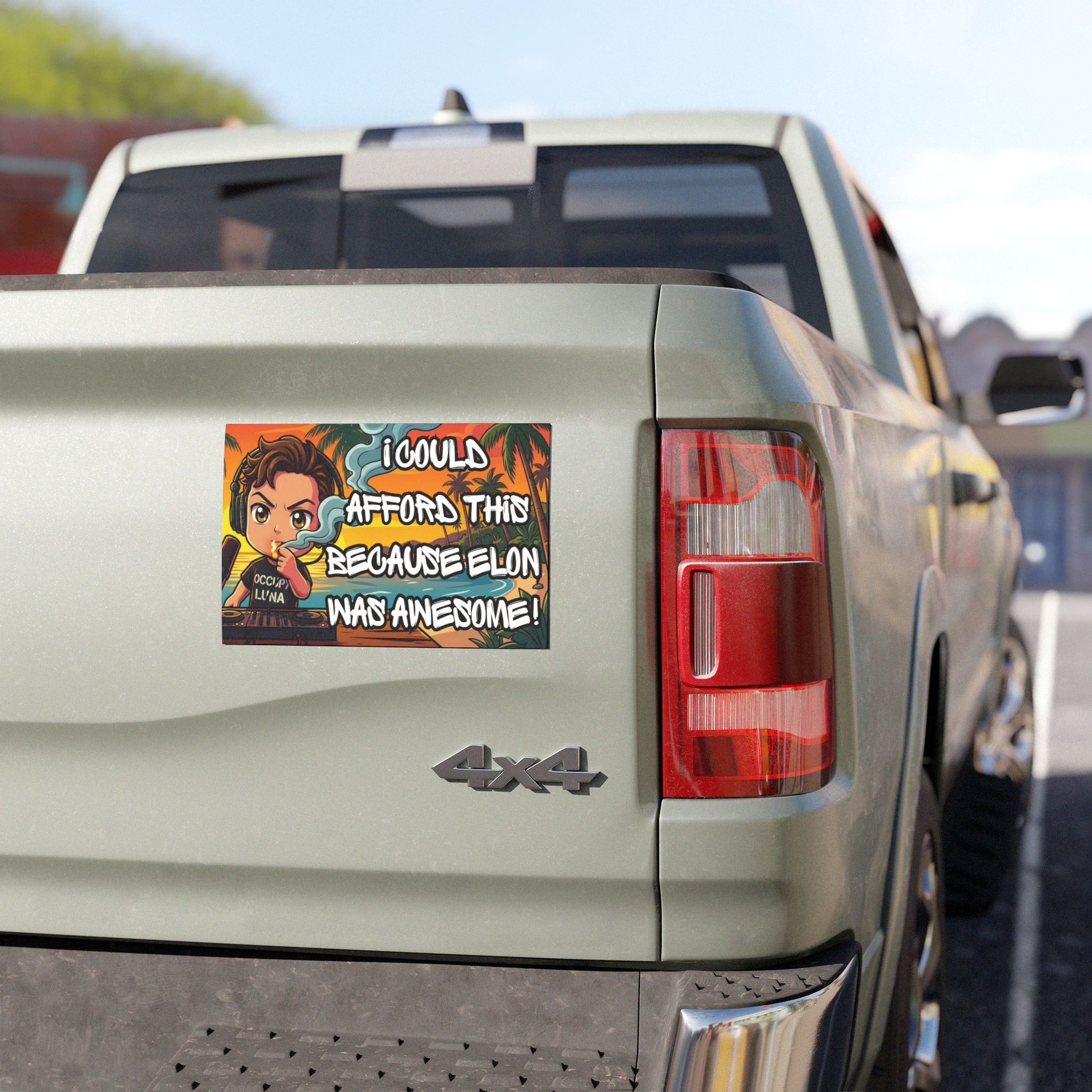 "I Could Afford this because Elon was awesome" Car Magnet — Cartoon Elon Sunset Design