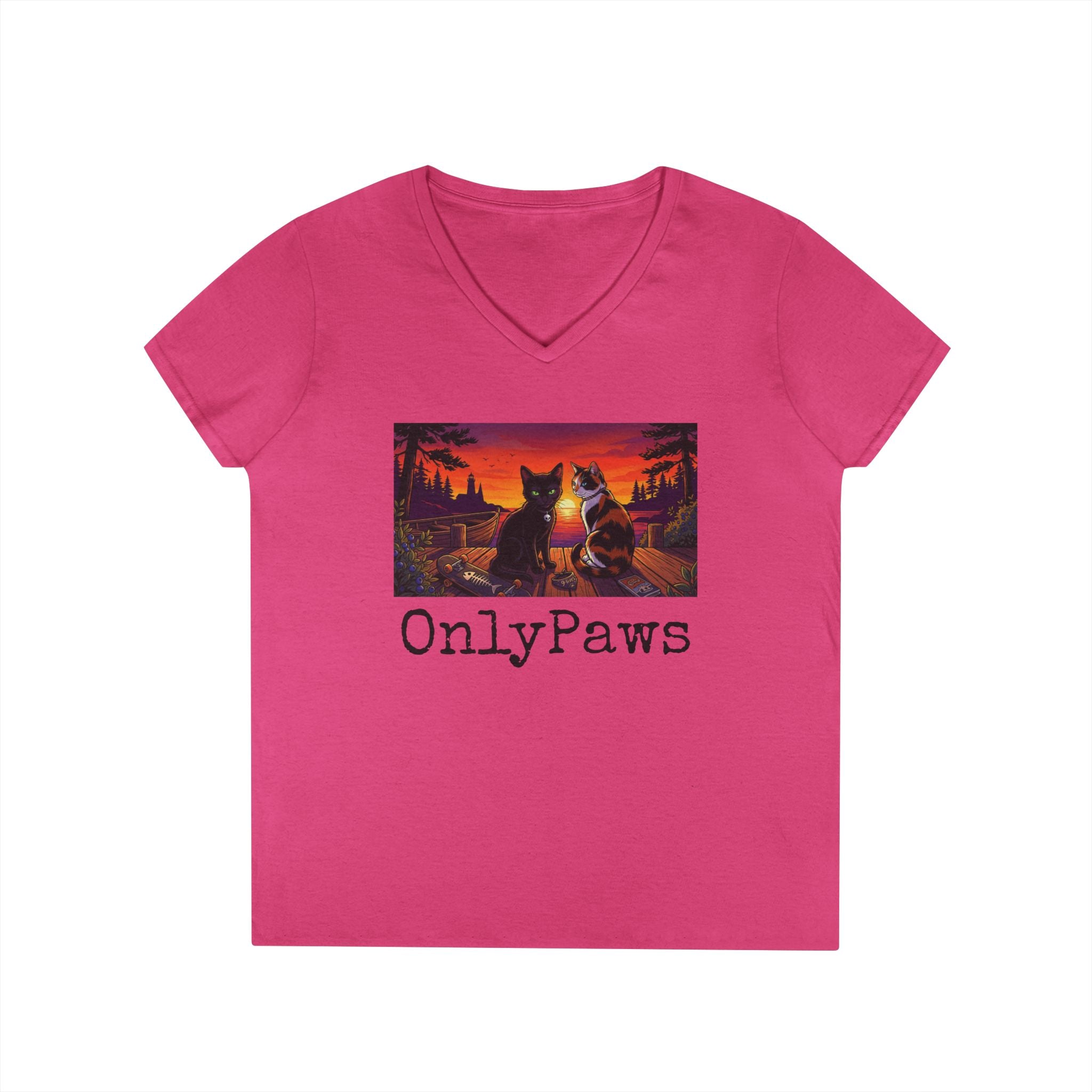 Monster & Peanut OnlyPaws Sunset Cats Ladies V-Neck T-Shirt