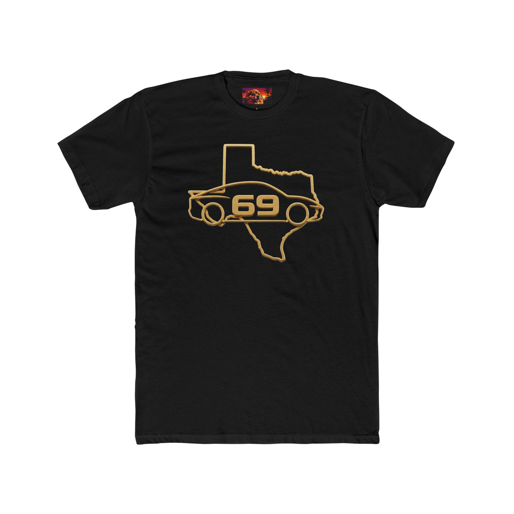 Black SmokehBear 69 Cybercabs tee — gold Cybercab silhouette with 69 over Texas outline