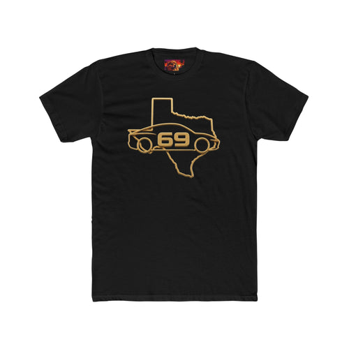 Black SmokehBear 69 Cybercabs tee — gold Cybercab silhouette with 69 over Texas outline